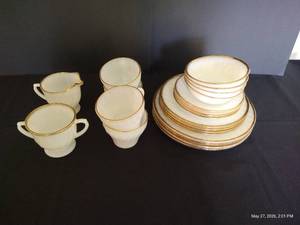 Fire King Swirl Milk Glass w Gold Trim, Setting of 4 w Cream  Sugar