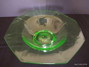 11 Uranium Green Depression Glass Pedestal Bowl