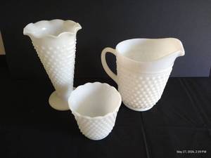 (3) Hobnail Milk Glass Vases & Pitcher