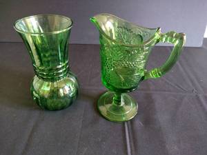 Pretty Green Depression Glass Anchor Hocking Vase & Unmarked Pitcher