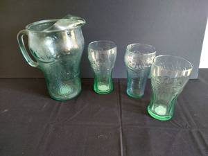 Large Glass Coke Pitcher w Extra Glasses