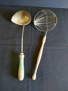 Boye Dipper and Primitive Strainer Ladle w Wood Handles