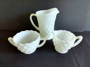 Milk Glass Vase & Cream & Sugar Set