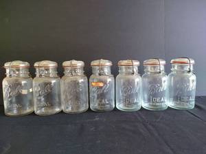 (7) Glass Ball 1 Qt Jars w Glass Lids & Wire Bails