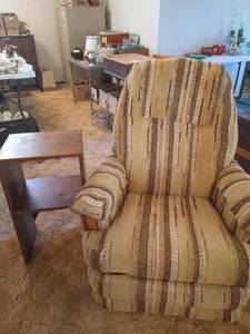 Clean Upholstered Chair in Creams, Yellows & Browns w Wood Shelf