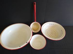 Vintage Enamelware- Dipper, Colander, Bowls