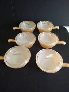 Vintage Fire King Pearlized Yellow Soup Bowls w Lids