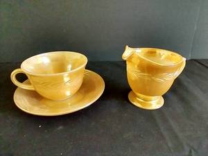 Peach Luster Fire King OvenWare Teacup & Creamer