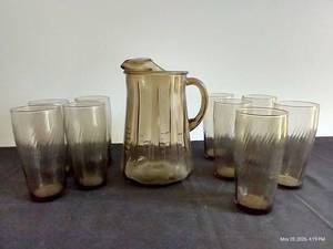 Smokey Wheat Pattern Glass Pitcher w Matching Glasses