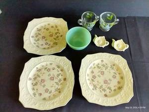 Pretty Green Glazed Bowl w Rose Plates, Cream & Sugar, Etc.