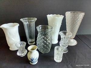 Various Vases Milk Glass, Crystal, Glass, Etc.