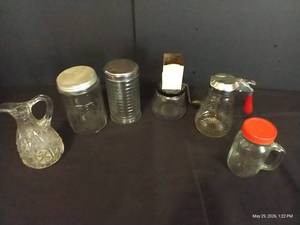 Vintage Syrup, Vinegar, Tea & Sugar Jars & Grinder