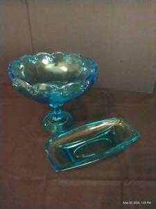 Indiana Glass Garland Teardrop Aqua Compote Fruit Bowl & Vintage Hazel Atlas Blue Colony Dish