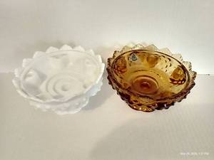 Fenton Colonial Amber & Milk Glass Hobnail Pedestal Candle Holders