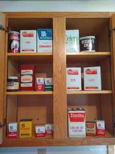 Variety of Old Pantry Tins of Spices, Cr. of Tartar, Hersheys Chocolate, Etc