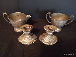 Pewter Candlesticks, Cream & Sugar