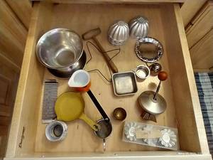Drawer of Tiny JELLO Molds, Tart Pans, Dipper, Etc