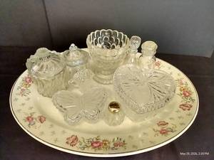 Pretty Tray of Glass Avon Bottles, Glass Trinket Boxes wLids, Etc