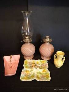 Oil Lamps, Vase, Japan Bird Plate & California Ash Tray