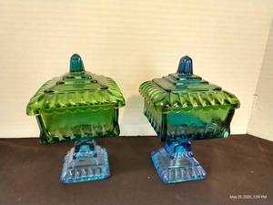 (2) Green Jeannette Glass Co. Pedestal Wedding Box Candy Dishes