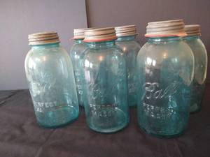 (7) Old Ball Perfect Mason 12 Gallon Aqua Jars w Lids