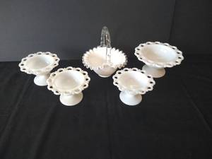 Anchor Hocking Lace Edge Milk Glass Pedestal Bowls & Milk Glass Basket w Ruffled Edge