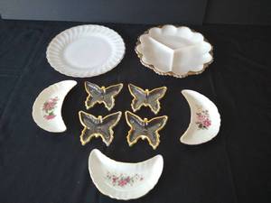 Two Milk Glass Plates, Butterflies & Half Moon Bone Dishes