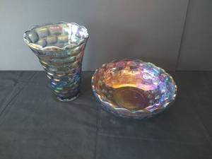 Vintage Federal Glass Yorktown Thumbprint Iridescent Carnival Vase & Bowl
