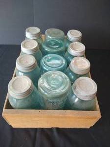 (12) Aqua Ball Jars, Most w Metal Lids