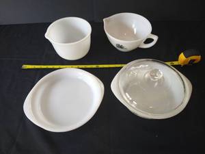 Various Brands of Milk Glass- Mixing Bowls, Pie Plate, Covered Dish, EGF Elevator Bowl