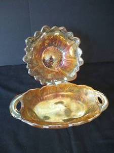 Two Indiana Marigold Carnival Sunflower Relief Glass Bowl & Platter