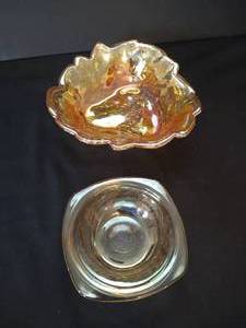 Indiana Glass Loganberry Carnival Glass Bowl & Jeannette Glass Floragold Berry Bowl