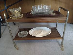 Vintage Rolling Cart w Trays, Crystal, & Glass Dishes