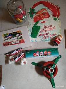 Christmas Lot - Vintage Santa Signs, Large Glass Jar With Ornaments, Etc