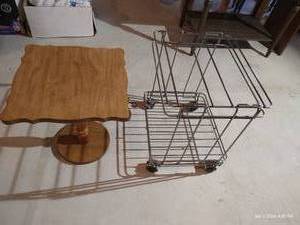Small Wood Table & Heavy Metal Rolling Rack