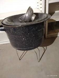 Vintage Canning Pot, Sieve Holder & Canning Funnels