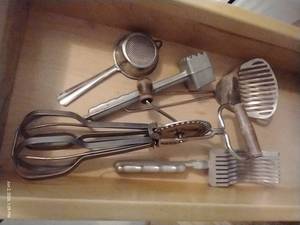 Drawer of Vintage Kitchen Utensils Slicer, Strainer, Egg Beater, Etc