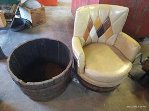 Vintage Barrel Planter & Barrel Swivel Chair