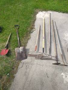 Large Lot of Rakes, Hoes & Shovels