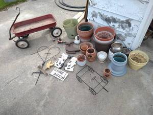 Large Garden Lot - Pots, Decor, Vintage Wagon, Etc