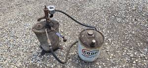Vintage Oil Dispenser and Coop 5 gal oil can