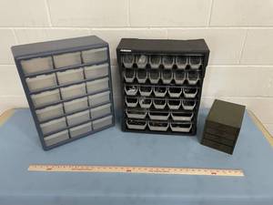 LOT of Parts Storage Organizers - Husky Plastic Bins with Miscellaneous Hardware & Vintage (Antique) Small Metal w Drawers