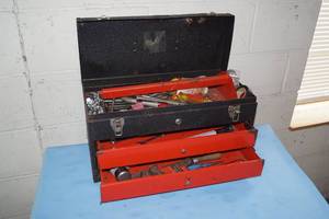 Vintage Large Tool Box FULL of TOOLS with Hinged-Lid and Two Sliding Drawers