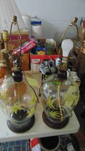 Pair of Large Clear Glass Lamps with Bamboo Accents