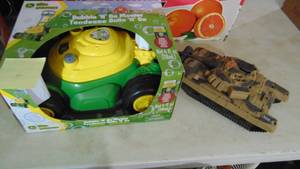 New in Box John Deere Bubble Mower and Plastic Army Tank