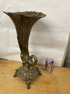 Vintage Ornate Cast Metal Trumpet Vase Footed Bronze Tone