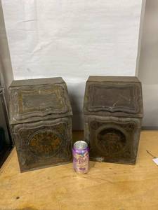 Antique Japanned Tin Storage Bins Pair Hinged Lids Embossed Decor