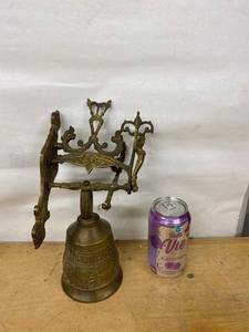 Vintage Cast Brass Wall Mount Bell with Angel Figure Latin Motto