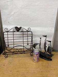 Lot Including Metal Bird Rack and Sailboat Decor Sculpture Set