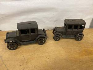Vintage Cast Iron Automobile Still Banks Pair Early Car Forms Fair